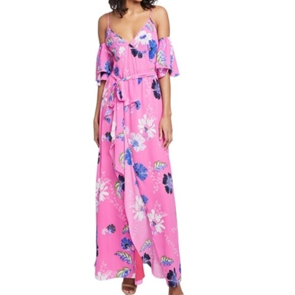Rachel Rachel Roy NWT Women's Pink Floral Cold Shoulder Ruffled Maxi Dress Sz 8 - Picture 1 of 12